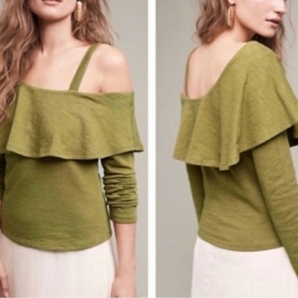 Anthro Postmark Off Shoulder Ruffle Long Sleeve Olive Green Top SZ L Boho NWT